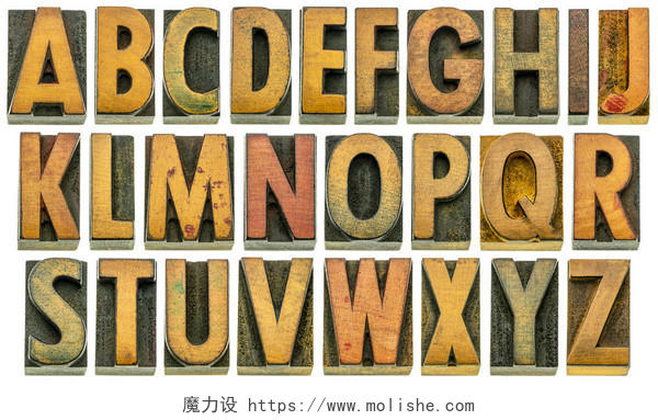 木材型英文字母表26型孤立字母在活页印刷块中